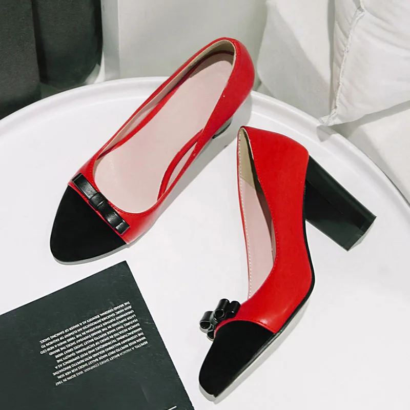 

Korean sweet style round head pumps fashion color matching slip-on apricot black red thick medium heels women shoes big size