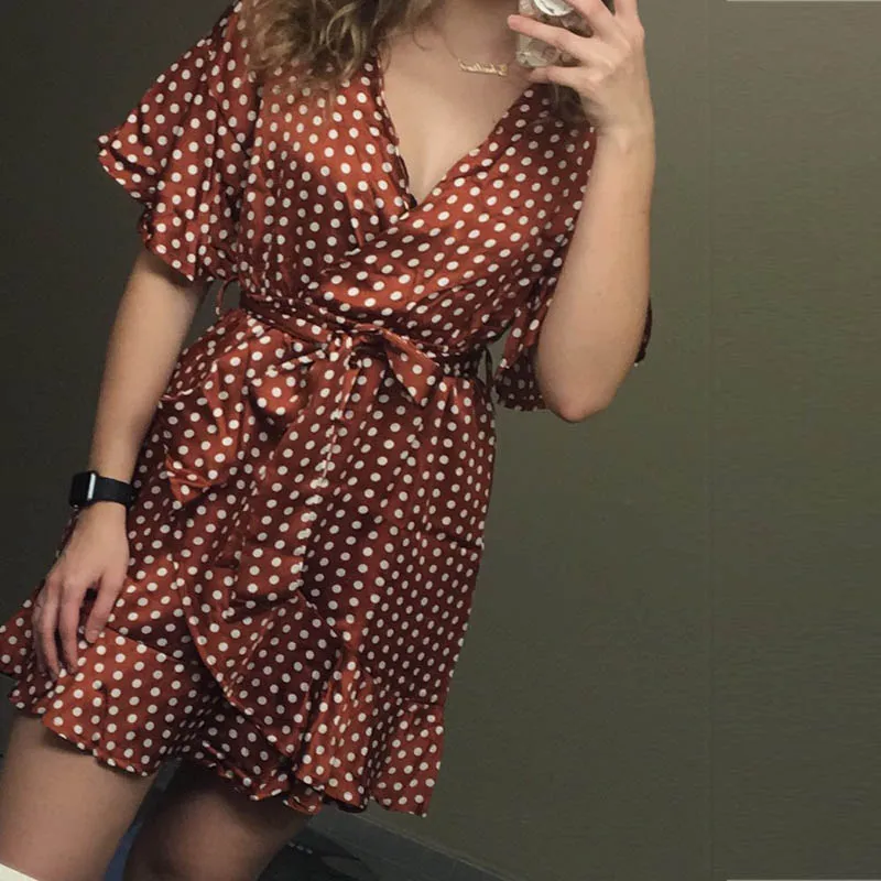 yinlinh Red Polka Dot Summer Dress Short Sleeve V Neck Sexy Mini Dress Women Sash Slim Waist Irregular Ruffles pea Vestidos 304