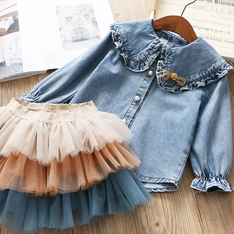 

Fashion Children's Wear Girls' Wash Jeans Shirts + Cake Waist Skirt Two - Piece Sets Kids Denim Long Sleeve Blouse Skirts Suit
