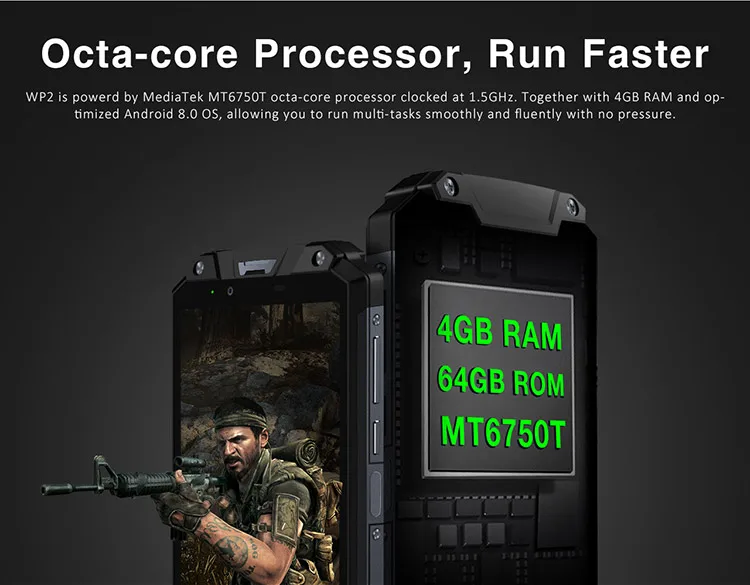 OUKITEL WP2 4GB RAM 64GB ROM MTK6750T 1.5GHz Octa Core 6.0 Inch Incell Corning Gorilla Glass FHD+ Screen Dual Camera IP68 Waterproof Android 8.0 4G LTE Smartphone