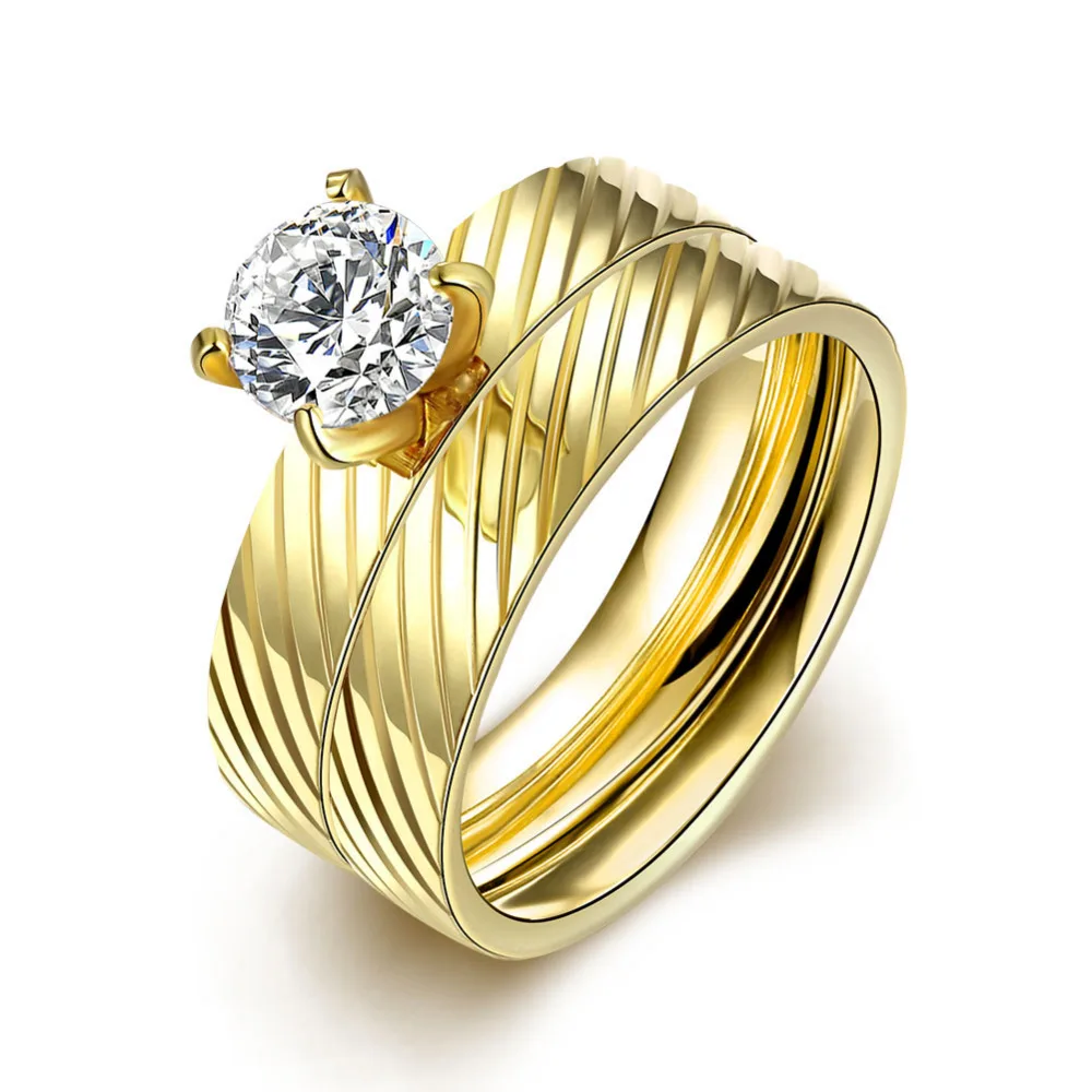 Trendy CZ diamond wedding rings titanium steel gold plated