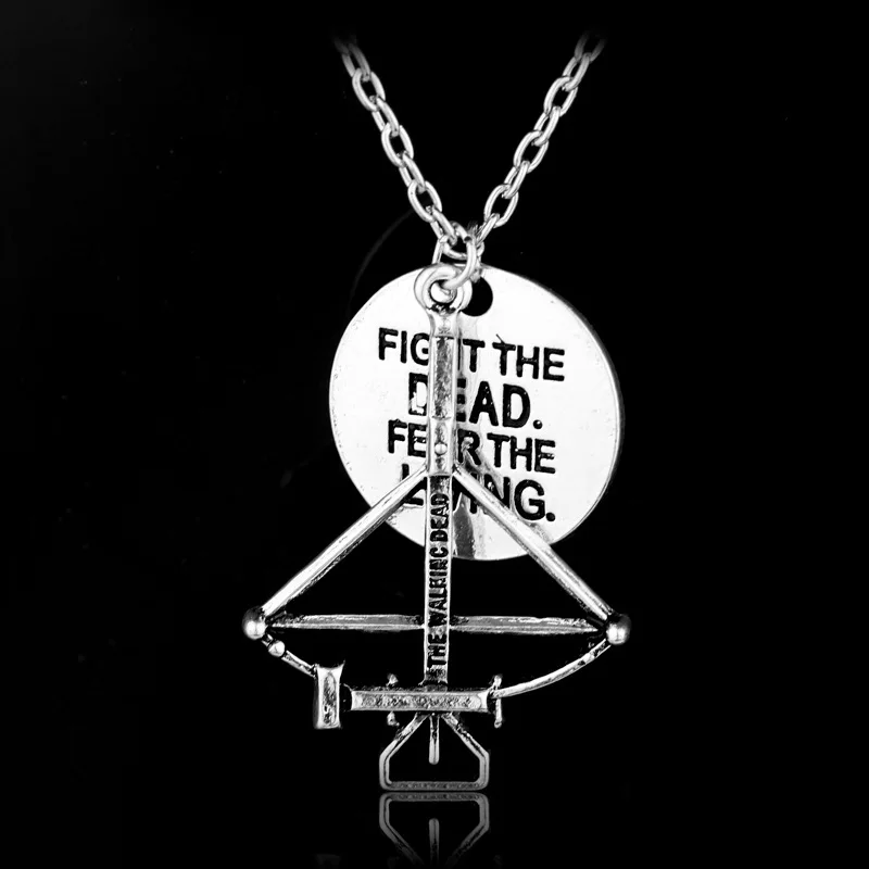 

Fashion Movie The Walking Dead Series Torque Fear The Living Vintage Crossbow Pendant Bow Arrow and Round Letter Badge Necklace
