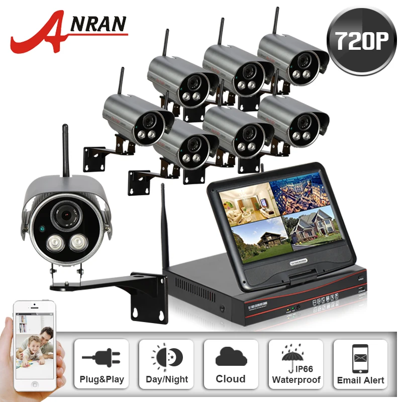 

Plug & Play 8CH Wireless NVR CCTV System 10" LCD Screen 720P 2 Array Outdoor Security IP Camera WIFI Surveillance Kit 2TB HDD