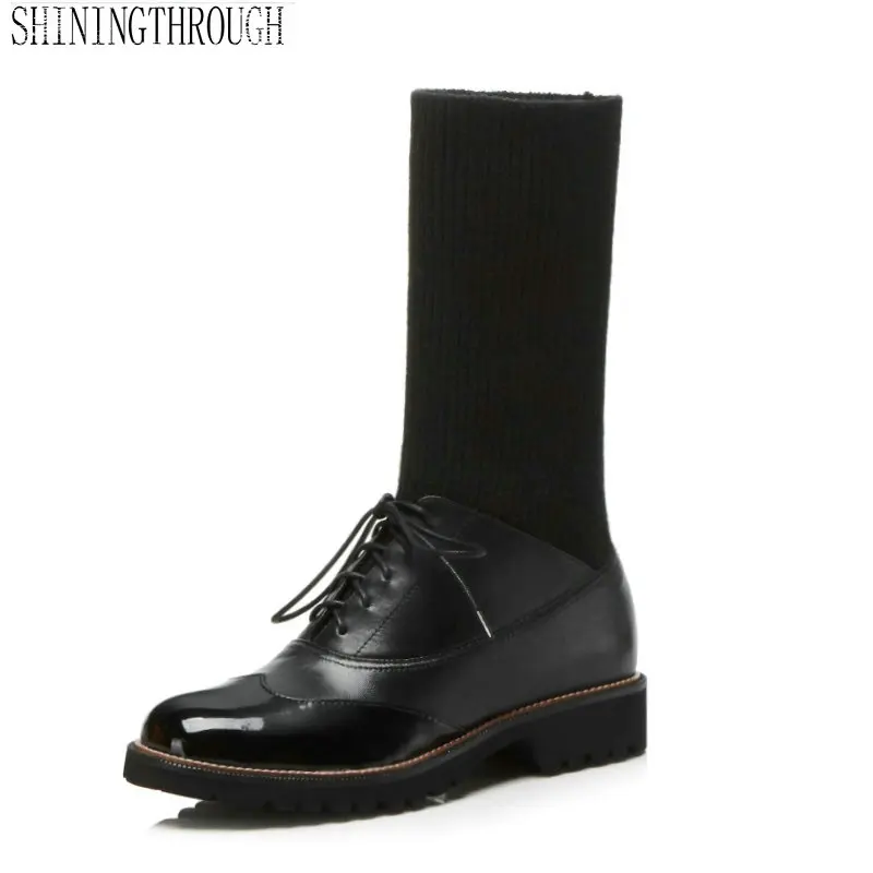 

Genuine Leather Women Mid Calf Cross-tied Boots Fashion Flanging Low Heel Womne Shoes Spring Autumn Party Ladies Shoes