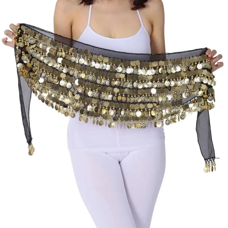 Для женщин блесток танцевальная одежда шарф практика Костюмы треуголный набедренный шарф красочные регулируемой посадки золотые монеты