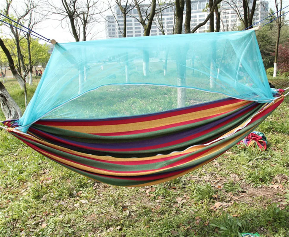 

High quality Rainbow stripe canvas A hammock with a mosquito net Size 200*150cm Suitalbel for 1-2 people with tie rope