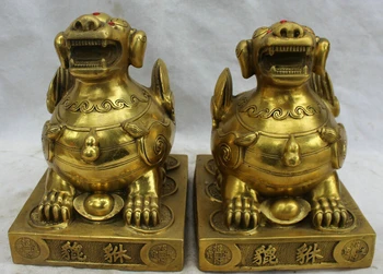 

suyushun3653++10" Chinese Folk Feng Shui Brass Wealth Pi Xiu Fly Unicorn Beast Statue Pair