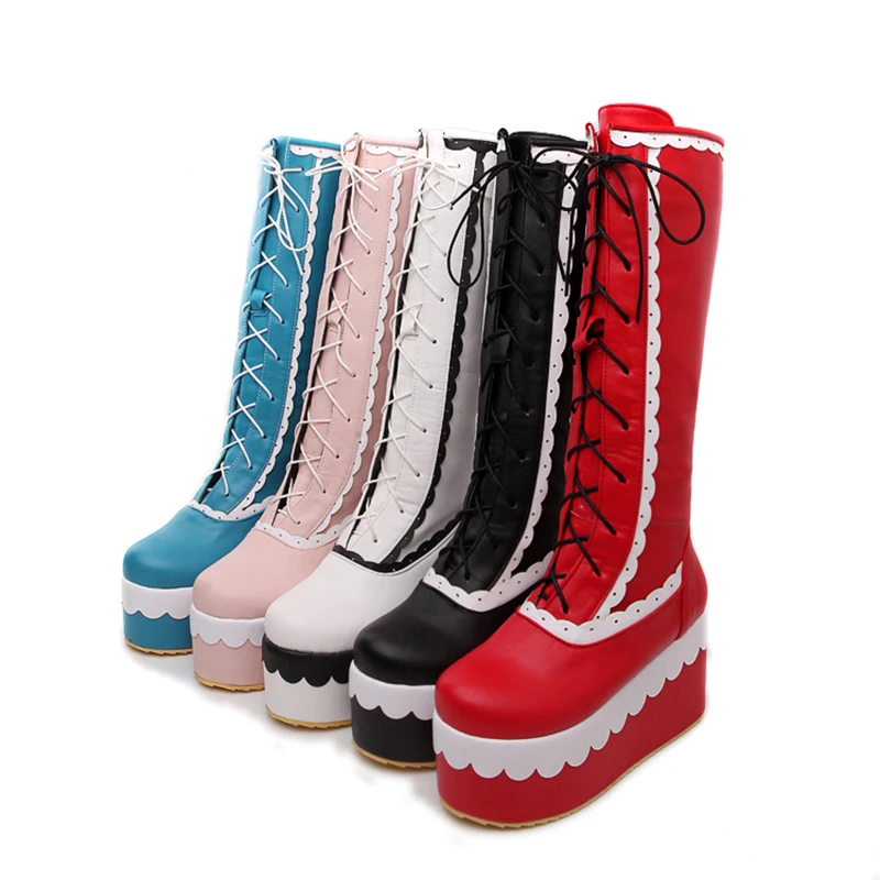KarinLuna/Новинка; обувь для девочек на толстой платформе в стиле пэчворк для костюмированной вечеринки Модные женские зимние ботинки на меху на высокой танкетке со шнуровкой