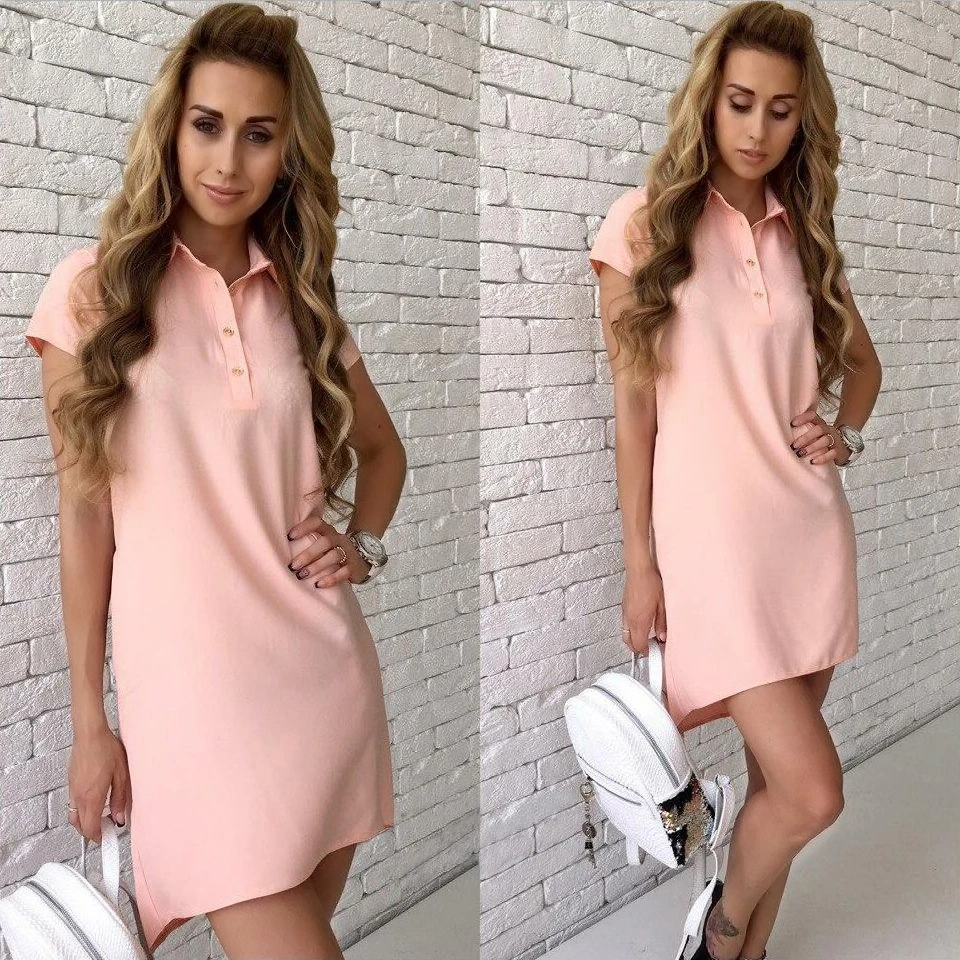 

2019 New Summer Casual Fashion Women Turn-down Collar Dress Party Elegant Short Sleeve Solid OL Office Mini Vintage Vestidos