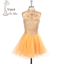 Yast Echt Bild Orange Cocktailkleider Mit Appliques Kristall Sexy Über Knie A-linie Kleider Chiffon Cocktail Party E055