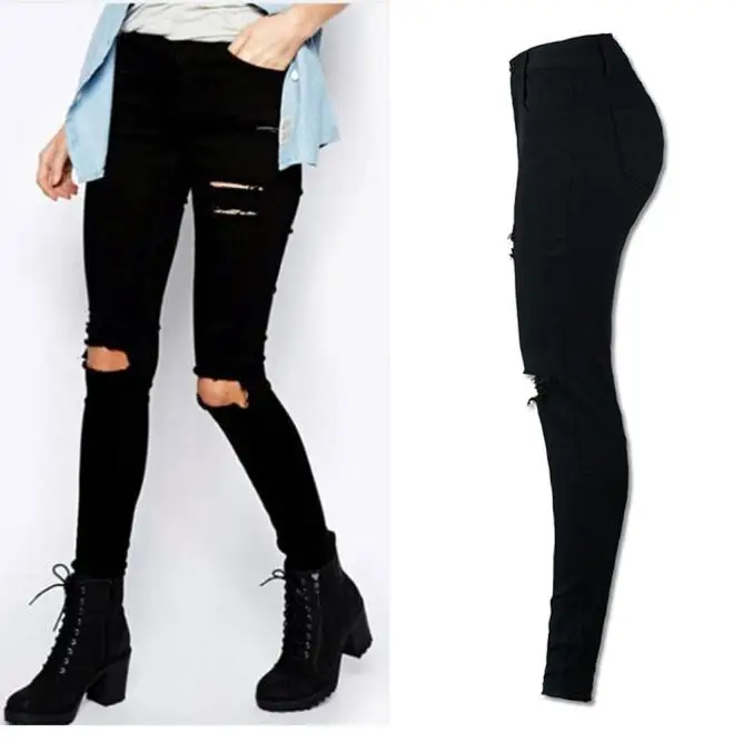 

High Wasted Black Ripped Jeans For Women Cool Knee Cut Skinny Long Jeans Pants Slim Pencil Trousers Ladies Skinny Jean Mujer 20