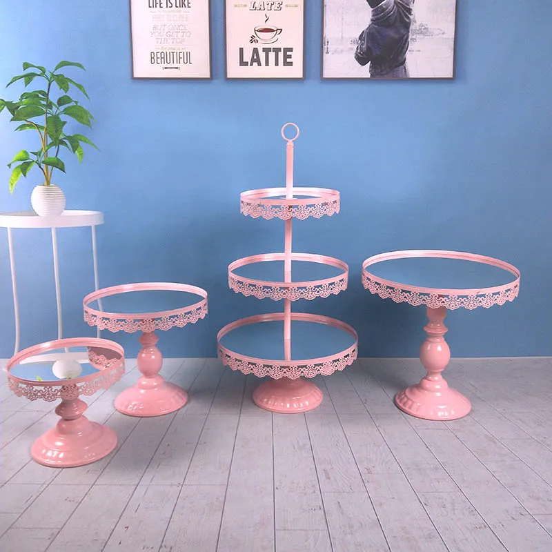 

1-7PCS/ Set Acrylic Mirror Wedding 3 Tier Cupcake Display Pink Metal Cake Stand