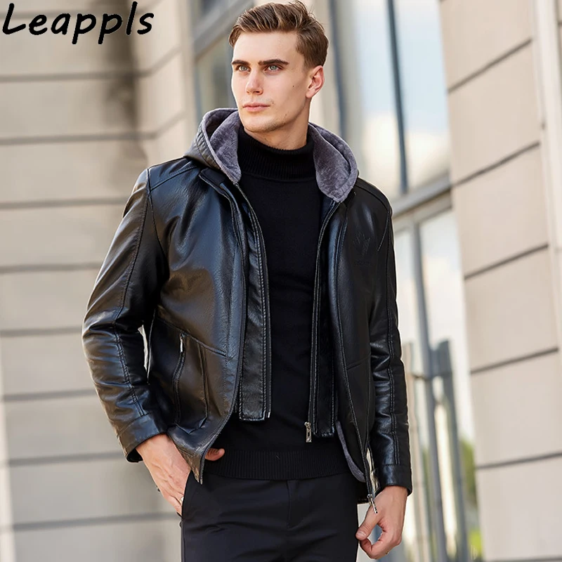 Leappls 5XL Hooded Detachable Leather Jacket Men Winter Thicken PU