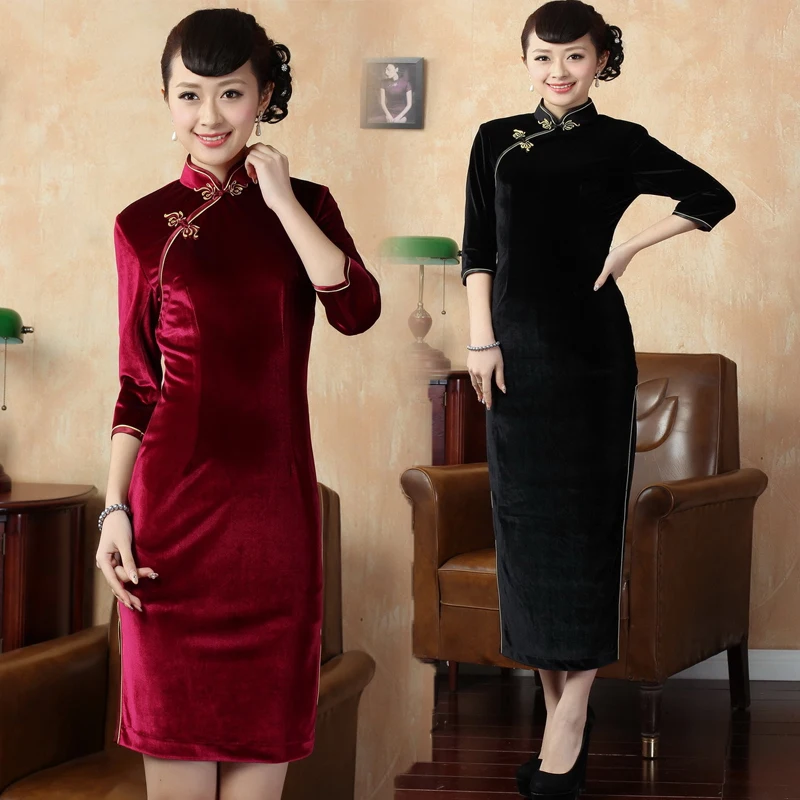 Long sleeve half sleeve cheongsam gold velvet one piece dress wedding