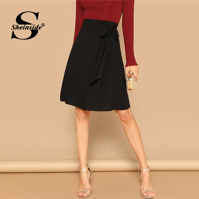 

Sheinside High Waist Knot Side Solid Skirt Women Black Knee Length Elegant Skirts Womens Autumn OL Work Belted A Line Midi Skirt