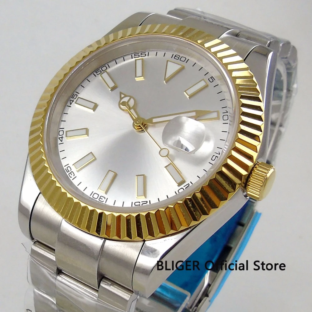 40mm No Logo Sapphire Glass Men's Watch White Dial Gold Bezel Date