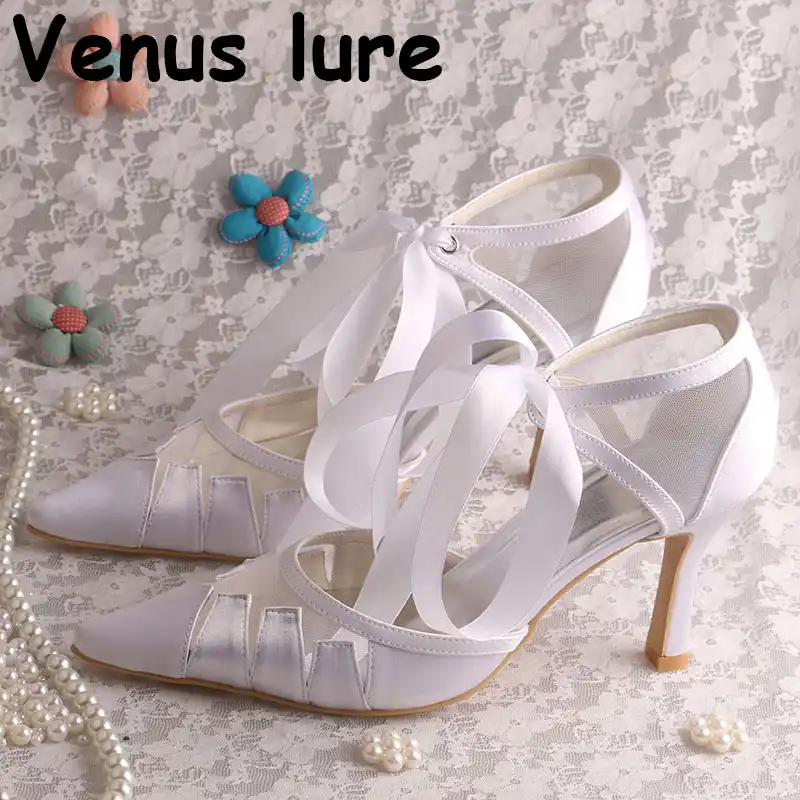 white satin pointed toe heels