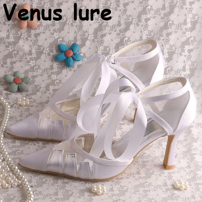 White Satin Bridal Shoes Pointed Toe Ribbon High Heel Ladies Dress Shoes