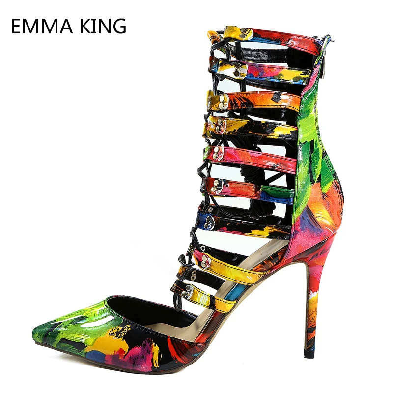 

Rainbow Ladies Pumps Gladitor Buckle Strap Zipper Pointed Toe Graffiti Print Stiletto Heels Women Ankle Ladies Shoes Large Size