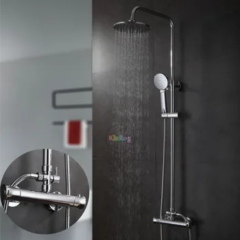 

Bathroom Round Shower Head Thermostatic Shower Set. Brass Made Polish Chrome Finish Round Thermostatic Shower Faucet Mixer.