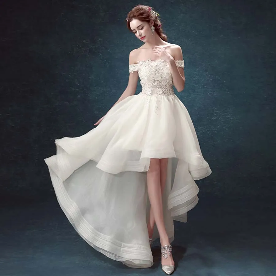 2017 Lace Boat Neck White Wedding Bride Dress Front Short Back 2017 Lace Boat Neck White Wedding Bride Dress Front Short Back Long Elegant Small Tail In Dresses From Weddings Events On