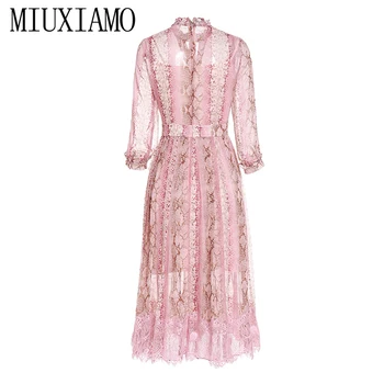 

MIUXIMAO High Quality 2019 Summer&spring Luxurious Dress Ribbon Leopard Print Eleghant Lace Casual Pink Long Dress Women vestido
