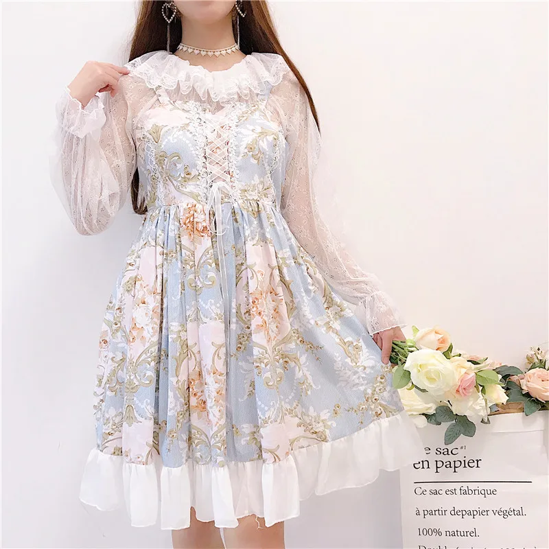 

Women Summer Sweet Print Ruffles Lace Bow Bandage Lolita Dress Cute Japanese Preppy Style High Waist Strap Dress Vestidos