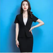 Летнее торжественное короткий рукав черный Для женщин юбка костюм комплект из двух предметов для деловые дамы рабочая одежда пиджак+ юбка элегантный Стиль