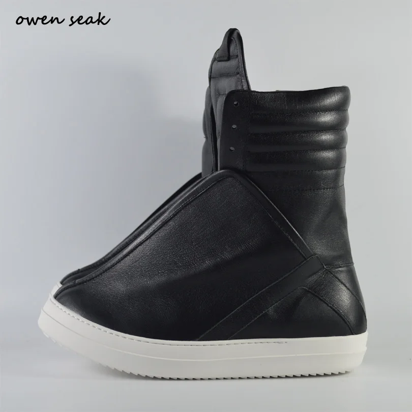 

Owen Seak Women Shoes High-TOP Ankle Luxury Trainers Genuine Leather Boots Casual Brand Zip Flats Black White Big Size Sneaker