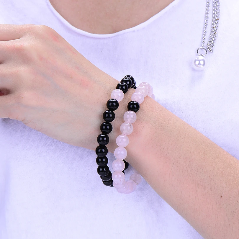 2Pcs/Set Trendy Distance Bracelet Sets Natural Stone Pink and Black Beaded Bangles&Bracelets Couple Jewelry Best Friend Hot