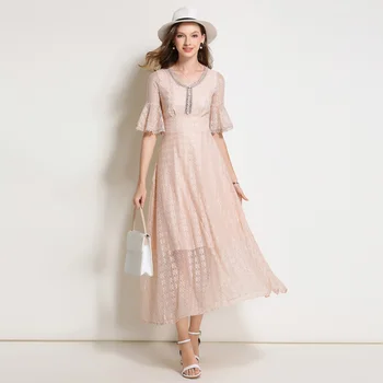 

Women 2019 Summer Lace Dress High-End Ladies V-Neck stitching Runway Vintage Female Slim Sexy Party Dresses