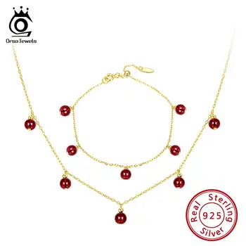 

ORSA JEWELS Natural Stone Women 18K Gold Color Bracelets Necklaces 925 Sterling Jewelry Set Aventurine Garnet Fine Jewelry SS33