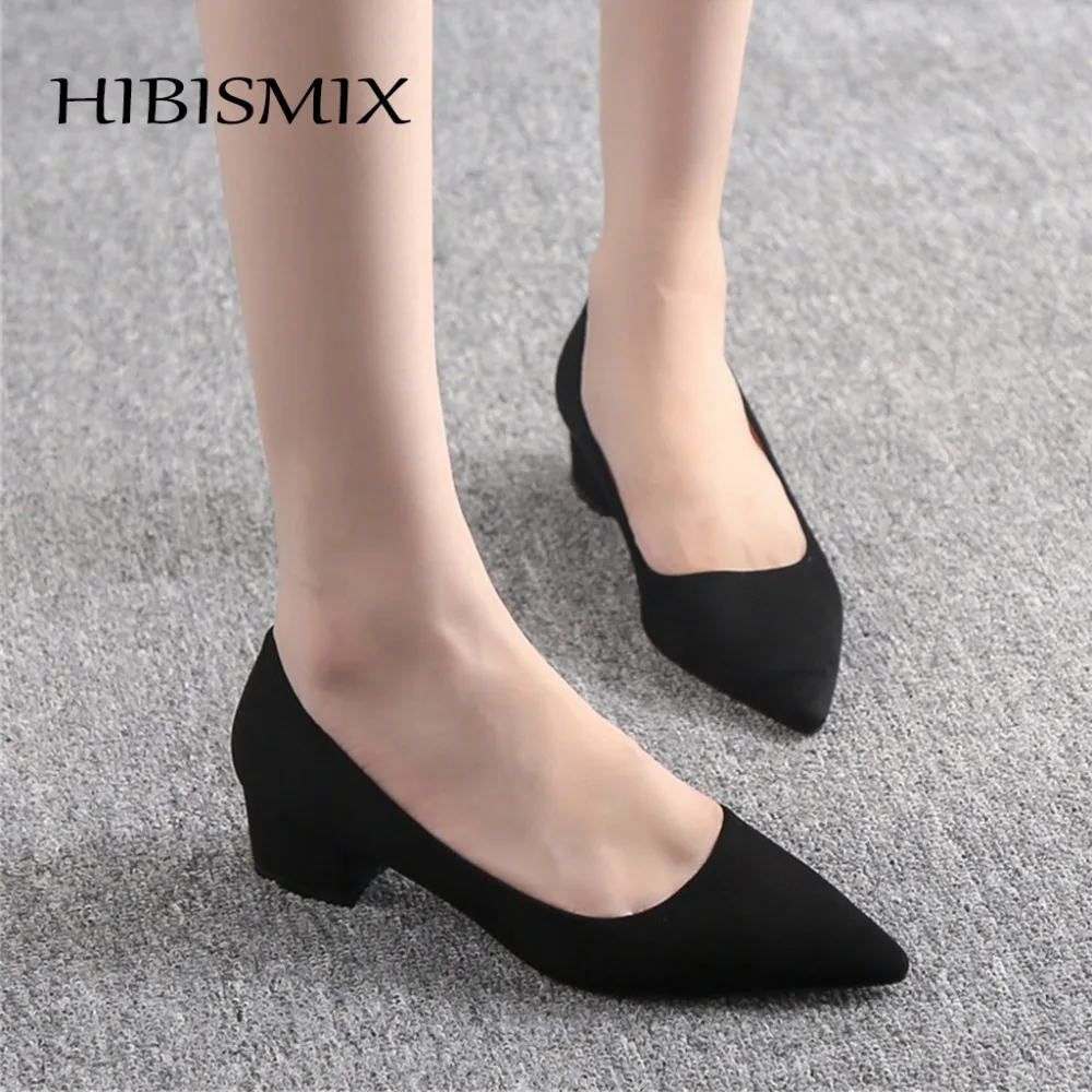

HIBISMIX Women Dress Pumps Spring Autumn Flock Pointed Toe Square Heel Shoes Office Lady Slip On High Heels Ladies Shoes 1239