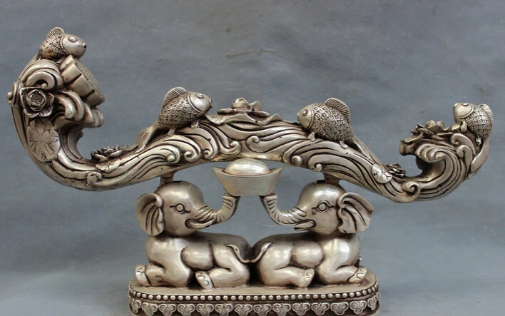 

S5554 18" Chinese Silver Decoration Fish Lotus RuYi On Elephant Wealth YuanBao Statue D0318