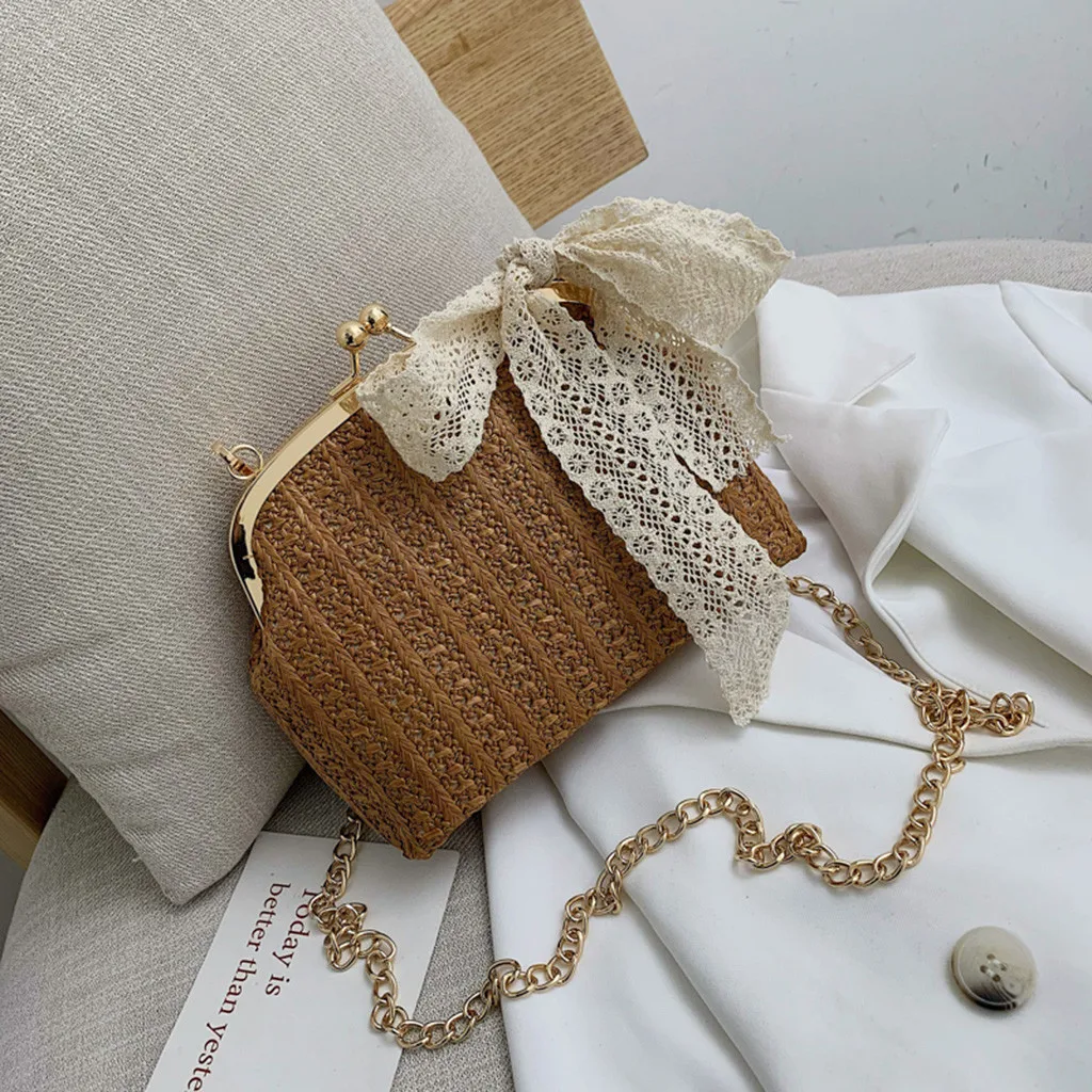 

Women Summer Rattan Bag lace Bow Ribbon Straw Bag female Burlap hasp chain Bag Handmade Woven Beach Messenger Bolsos Mujer