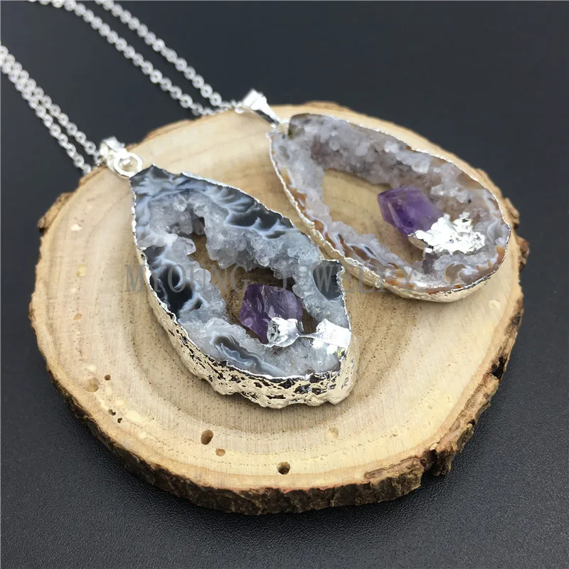 MY0855 Natural Agates Druzy Slice Pendant with Amethysts Point Embedded Necklace ,Silver Electroplated Edges And Chain (2)
