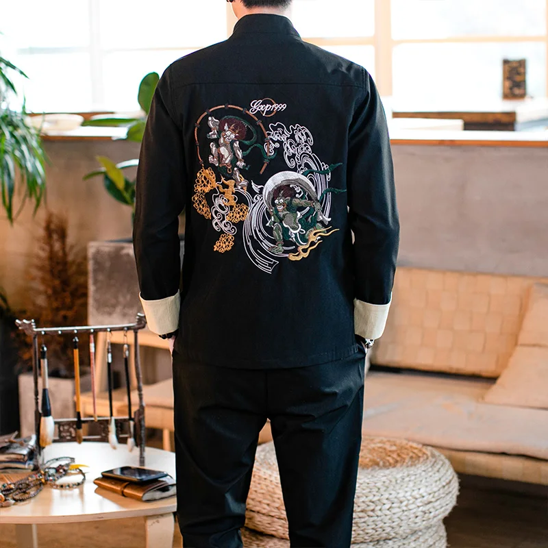 

LOLDEAL Shirt Pants Spring and Autumn Chinese Style Tang Suit Embroidery Jacket Men Set