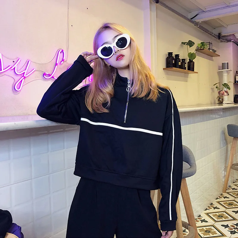 Толстовки женские полосатые с длинным рукавом на молнии Harajuku Свободные Студенческие Модные женские свитшоты повседневные Пуловеры шикарные модные повседневные - Цвет: black