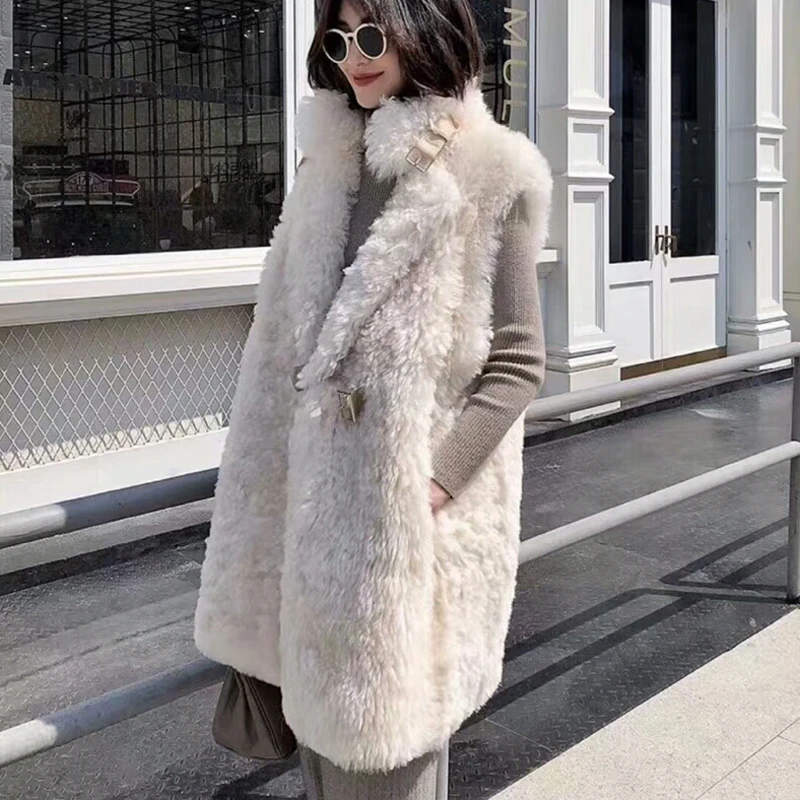 New Guaranteed Real Shearling Vest Women Turn Down Collar Long Fur