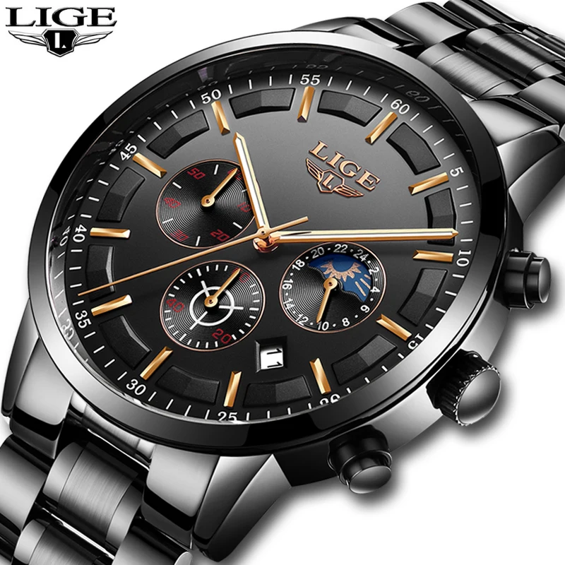 

LIGE Men Chronograph Quartz Watch Date, Luminous Pointer, Waterproof Full Steel Wristband Waterproof Men Watch relogio masculino