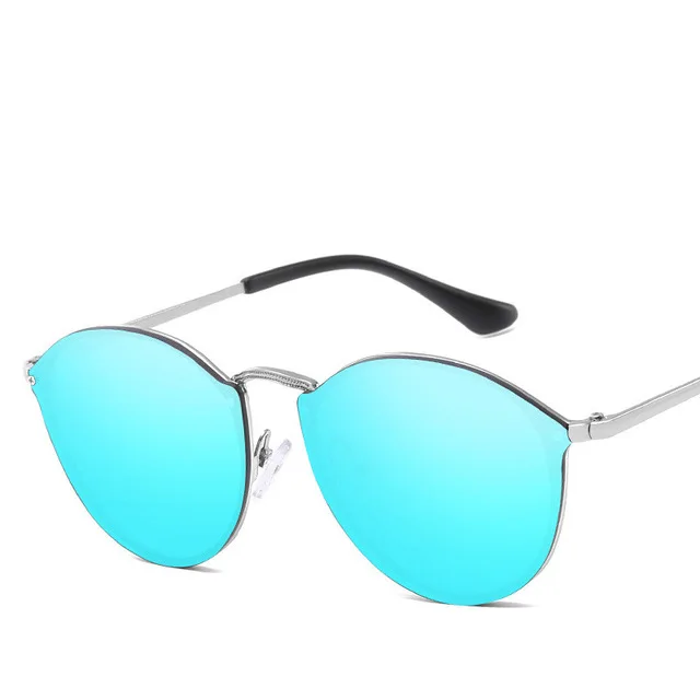 Новое поступление, женские классические брендовые дизайнерские солнцезащитные очки кошачий глаз, без оправы, металлическая оправа, солнцезащитные очки, модные женские очки - Lenses Color: silver blue