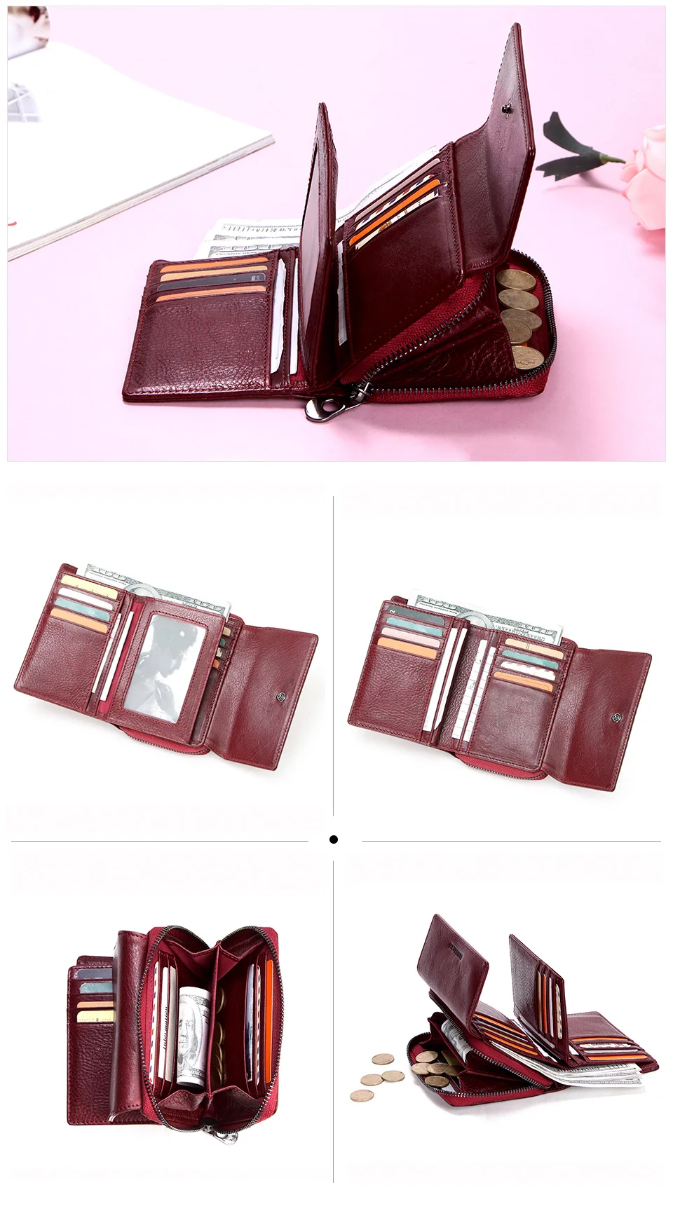Модные женские бумажники из натуральной кожи с тремя отделениями для денег на молнии для девушек