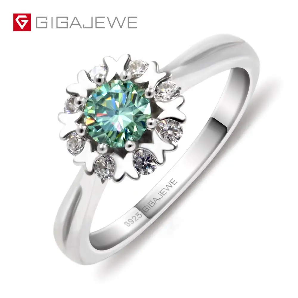 

GIGAJEWE Moissanite Ring 0.4ct 5mm Round Cut Green Color 925 Silver Gold Multi-layer Plated Fashion Love Token Girlfriend Gift