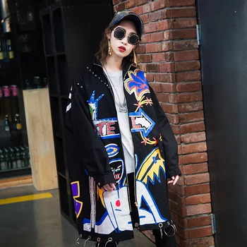 

Harajuku Long Coat Women Autumn Print Iron Ring Trench Coat For Women Overcoat Hip Hop Korean Windbreaker Womens Coats 50D0076