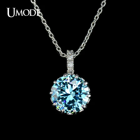 

UMODE White Gold Color 9mm 2.75 carat Light Blue Cubic Zirconia Stone Pendant Necklace UN0002