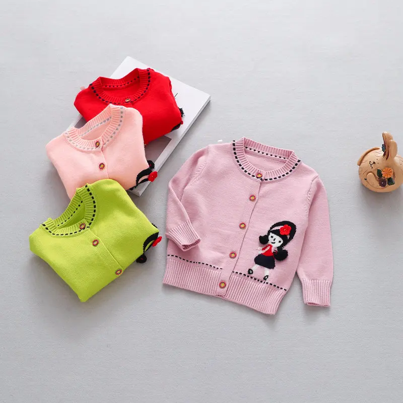 

1-4 year girls sweater jacket 2018 spring new quality woven doll breasted cotton knitted coats childrens green/red outwear