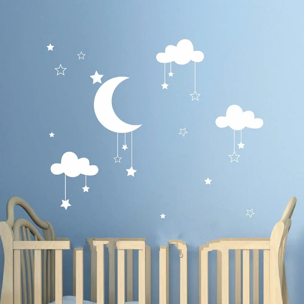 Indah Bayi Pembibitan Bintang Stiker Dinding Bulan Awan Stiker Dinding Bulan Awan