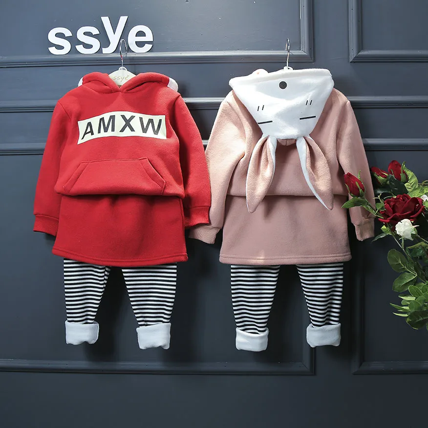 

New Winter Child Suit Girls rabbit ears hooded fleece Hoody + pantskirt suit kids 2pcs set wholesale