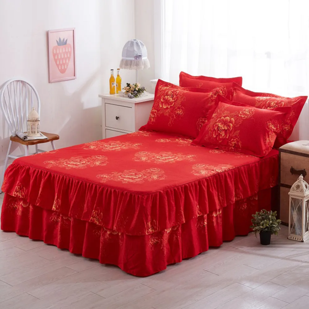 

3 IN 1 Graceful Floral Bed Skirt Sheet Cover Bedspread Lace Bed Sheet Bedroom Bed Skirt for Wedding Housewarming Gift 150x200cm