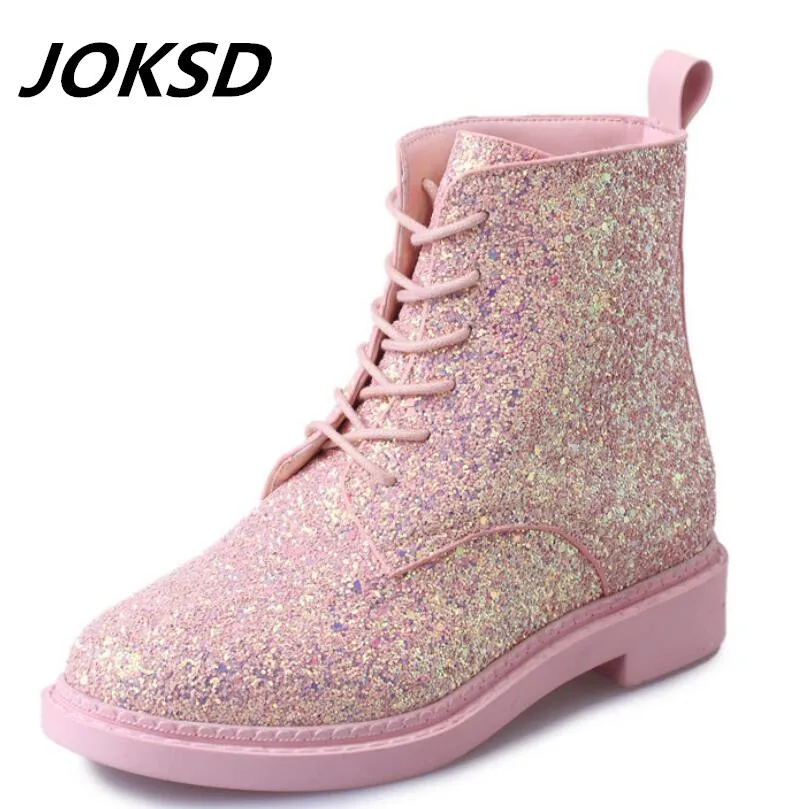 

JOKSD Brand Women Ankle Boots Heels Female Shoes Woman Autumn Glitter Lace up Boots Casual Bling Pink Black White L198